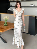 Nukty Summer Dot Ruffles Evening Dresses Elegant Sleeveless Bodycon Mermaid Party Long Dress Korean Slim Waist Vestidos New Outfits