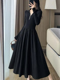 Nukty Vintage Elegant Solid Knitted Midi Dresses Women Korean Casual Long Sleeve Slim A-Line Black Birthday Party Robe Autumn Clothing