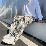 Nukty Mens Fashion Printed jeans Spring Mopping Trousers Jeans Korean Style High Street Loose Hip Hop Wide-leg Jean Pants