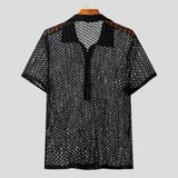 Nukty Summer Men's Clothing Knit Hollw Out Shirts Lapel Short Sleeve Mesh Sexy Button-down Solid Color Streetwear Party Knitwear S-3XL