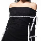 Nukty Elegant Slash-neck Long Sleeve Mini Dress Sexy Lace Patchwork Y2K Multi Bow Bandage Dress Autumn Party Women Vestidos