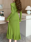 Nukty Solid Knitted Dresses for Women Autumn Single Breasted Chic Flared Sleeve Ruffles Hem Casual Female Office Elegant Robes