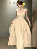Nukty Spring Summer Elegant French Evening Women's Long Dresses Hign Wasit Sleeveless Square-Collar Plaeted Dress Prom Female Clothes