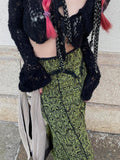 Nukty Vintage Fashion Elegant Green Trumpet Long Skirt Graphic Printed Lace Trim Y2K High Waist Skirt Women 2000s Aesthetic
