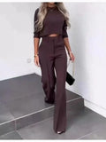 Nukty Elegant Women Letter Print Two Piece Sets Autumn O Neck Short Top & Wide Leg Pants Outfits Office Lady Casual Streetwear Suits