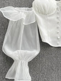 Nukty Summer Off Shoulder Tops Women Long Sleeves Solid Zipper Elastic Waist Tops Spring Fashion Ruffle Short Sexy Shirts