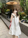 Nukty Summer Elegant Korean Solid Short Women's Dress Sweet Sleeveless O-Neck Loose-Fit Causal Office Lady Ball Gown Mini Skirt