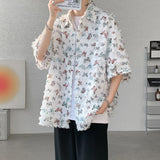 Nukty Summer Butterfly Tassel Splice Shirt Men Loose Casual Floral Short Sleeve Shirts Women Oversize Streetwear Boy Girl Blouses