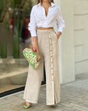 Nukty Women Two Piece Outfits Causal Fashion Suit Fall Casual Solid Color Lapel Shirt Loose Pants Two-piece Set Female Outfits