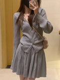 Nukty Y2K Mini Pleated Knitted Skirt Suits Women Autumn Chic Suit Elegant V-Neck Long Sleeve Cardigan Korean Solid Two-piece Sets New