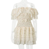 Nukty Off Shoulder Sexy Floral Print Mesh Bow Fashion A-line Bodycon Pleated Mini Dress Summer New Sweet Cute Party Vestidos