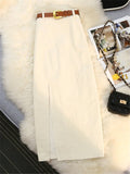 Nukty Autumn Winter Corduroy Women's Skirts with Belted New High Waist Straight Classic Front Split Skirts Ladies Female