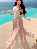Nukty Sexy Spaghetti Strap Ruffle Slim Evening Long Dresses Elegant Fairy Beach Woman Clothing  Summer Holiday Vestidos Cocktail Robe