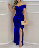 Nukty Women Long Dress Fashion Velvet Off Shoulder Ruffle Hem Split Maxi Dress Roupas Party  Femininas Vestidos De Novia