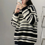 Nukty Autumn Oversized Striped Knitted Sweater Women Vintage Streetwear Loose Long Sleeve Pullover Harajuku Casual O Neck Midi Jumper