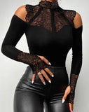 Nukty Jumpsuit Women Summer Fashion Contrast Lace Long Sleeve Sexy Cold Shoulder Plain Skinny Daily Bodysuit