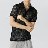 Nukty Summer Men's Clothing Knit Hollw Out Shirts Lapel Short Sleeve Mesh Sexy Button-down Solid Color Streetwear Party Knitwear S-3XL