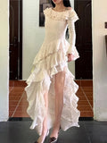Nukty Y2K Solid Jacquard Irregular Dress Women Layered Ruffles Slim Sexy Party Dress Autumn New Prom Robe Wedding Vestidos Mujer New