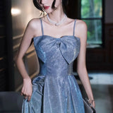Nukty DRESS TO IMPRESS Shiny Blue Prom Dress Sexy Spaghetti Strap Sweet Bow Starry Sky Sequins Cocktail Party Gown Floor-Length A-Line Formal Vestido