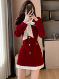 Nukty DRESS TO IMPRESS Women Red Velvet Chic Bow Y2k Mini Dress Autumn Winter Elegant Ruffled Birthday Dress Korean Vintage Luxury Evening Dresses