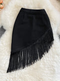 Nukty Womern High Waist Fringed Short Skirt Women's Summer  New Style Black Irregular Elastic Hip Skirt Anti-glare Skirt