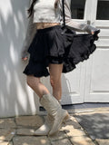 Nukty Fairy Core Mini Skirt Women Elastic High Waist A-line Irregular Lace Trim Ruffles Cake Skirt Summer Mori Girl Style