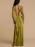 Nukty Women Summer Slit Suspender Satin Dress Sexy Backless Holiday Beach Green Maxi Dress Slim Female Sleeveless Solid Dresses