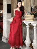 Nukty Vintage Red Ruffles Party Dress for Women French Style Elegant Wedding Evening Dresses Summer Female Prom Slim A-Line Vestidos