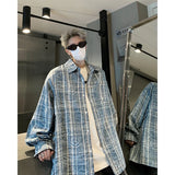 Nukty Autumn Fashion Men Women Plaid Shirts Oversize Button Up Long Sleeve Tops Korean Loose Casual Outwear Couples Shirt Pink/Blue