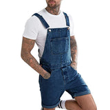 Nukty Men's Vintage Jeans Overalls Solid Color Elastic Denim Jumpsuit With Pockets Men Summer New Casual Button Suspenders Short Pants