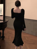 Nukty Elegant French Black Long Mermaid Dresses for Women Autumn Winter Square Collar Puff Sleeve High Waist A-Line Vestidos Mujer New