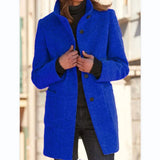 Nukty Women Vintage Solid Color Stand-up Collar Tweed Jacket Autumn Winter Warm Commuter Outerwear Single-breasted Cardigan Long Coat