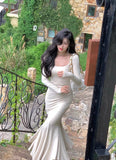 Nukty Elegant Long Sleeve Knitted Mermaid Dresses Women Sexy Fashion Slim Solid Evening Party Prom Casual Vestido Mujer New Autumn