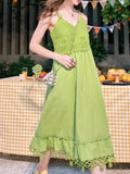 Nukty Summer Green Bohemain Patchwork Vintage Sling Dresses For Woman V-Neck Sleeveless Hollowed Style Dress Travel Beach New