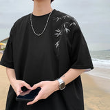 Nukty Bamboo Embroidered T Shirt Men Harajuku Streetwear T-Shirts Summer Short Sleeve Black White Loose Casual Tshirt Tees Top