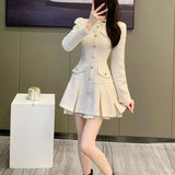 Nukty Women Spring and Autumn New Doll Neck Pleated Skirt Fashion Sweet Youth Style Solid Button Ruffle Edge Long Sleeve A-line Skirt