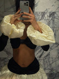 Nukty Elegant Satin Black White Patchwork Puff Skirt Set Women Fashion Long Flare Sleeve Cropped Tops Suit Sexy Beach Party Outfits