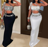 Nukty Women's Dress Set Diamonds Rhinestones Strapless Top + Long Skirt Suit Evening Prom Dress Sets Two 2 Piece Set Party Dresses H98