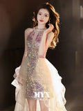 Nukty DRESS TO IMPRESS Sparkling Mermaid Evening Dress Sleeveless Halter Beaded V-Neck Short Cocktail Party Gown Elegant Tulle Trailing Wedding Dresses