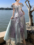 Nukty Summer Print Fairy Slash-Neck Ruffles Chiffon Long Dress Elegant French Romantic Princess Slim Wasit Sling Dresses Robe