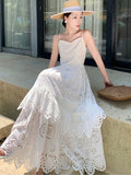 Nukty Elegant Hollow Out Womens Dresses French Style Spaghetti Strap Evening Party Dress Summer Female A-line Chic Vestidos Long Robe