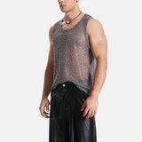 Nukty Men's Hollow Out Mesh Tank Tops Fashion Vests Tassel Sleeveless Streetwear Heavy Craft Perspective Sexy Performance Nightclub