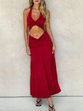 Nukty Weird Puss Ruched Elegant 2 Piece Set Women Halter Backless Crop Camisole+Elastic Waist Ruffles Long Skirts Street Trend Suits