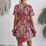 Nukty 2024 Summer New Women Ethnic Graphic Print Dress Beach Bohemian Sundress V Neck Short Sleeve Dress Holiday Dresses Vestidos