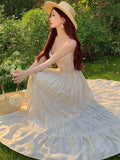 Nukty Elegant Fairy Chic Pleated Dresses Korean Patchwork Slim Waist A Line Sling Dress Women Princess Evening Vestidos Female Robe