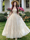 Nukty Elegant Fairy Chic Pleated Dresses Korean Patchwork Slim Waist A Line Sling Dress Women Princess Evening Vestidos Female Robe