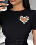 Nukty Women's T-Shirt Summer Fashion Rhinestone Hollow Heart Drawstring O-Neck Short Sleeve Casual Daily T-Shirt Top