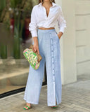 Nukty Women Two Piece Outfits Causal Fashion Suit Fall Casual Solid Color Lapel Shirt Loose Pants Two-piece Set Female Outfits