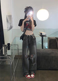 Nukty High Waist Wide Leg Jeans Women's Loose Fit Ripped Straight Cut Denim Pants plus Size Street Sle Summer Trend k Wa