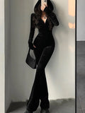 Nukty Y2k Sexy Bodycon Black Velvet Jumpsuit Women Fashion Hooded Zipper Flare Pants Rompers Vintage Autumn Streetwear Winter Outfits